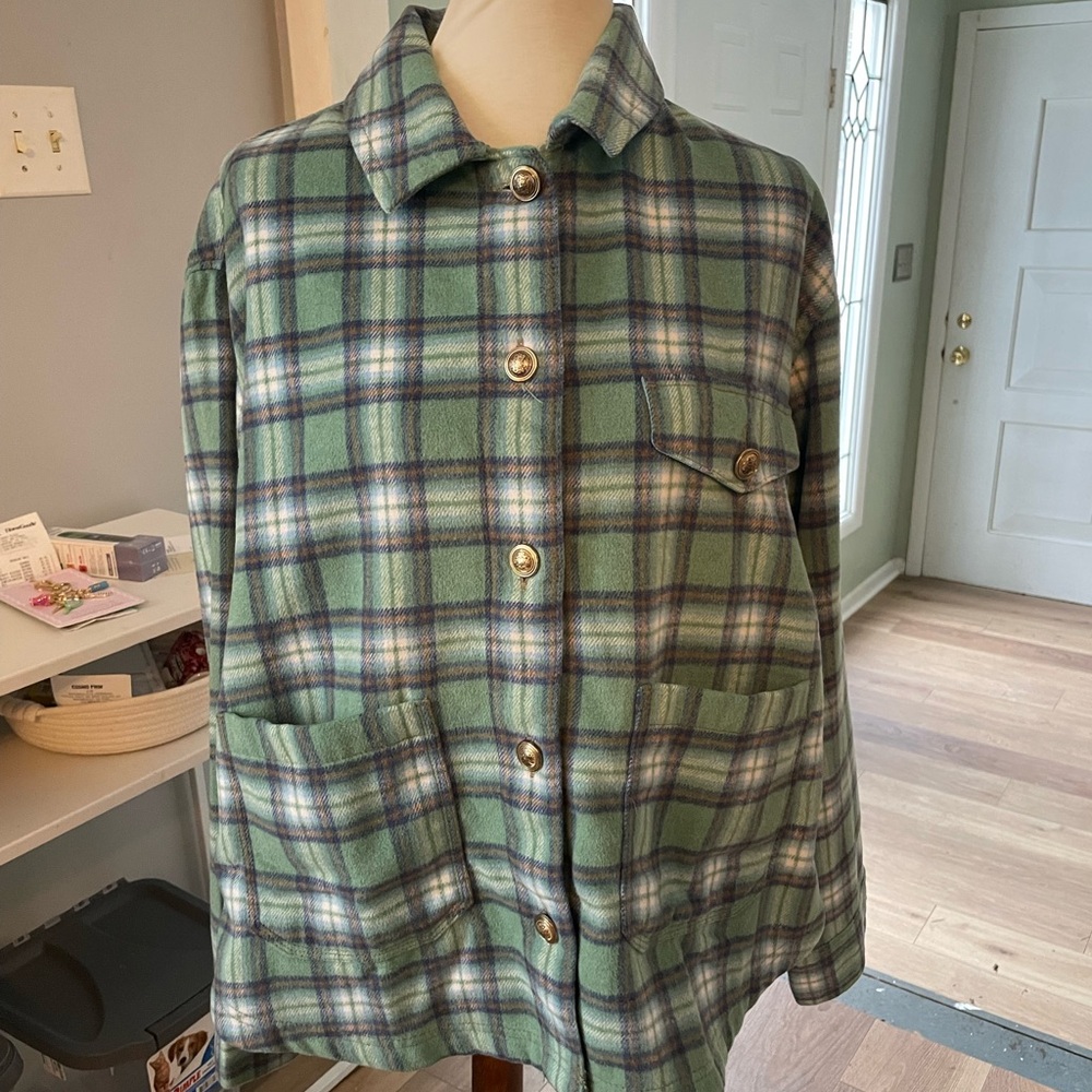 American Eagle Flannel Green Plaid Button-Up Jacket with Gold Buttons